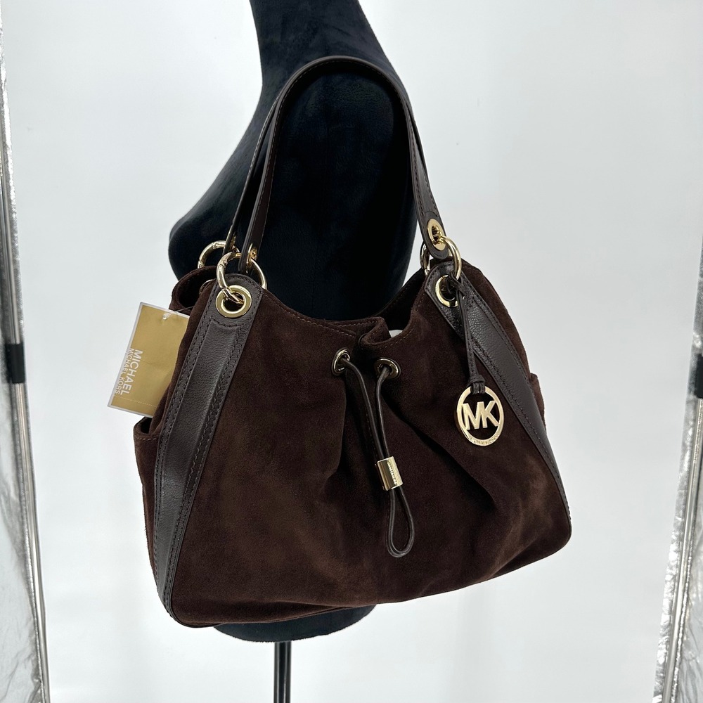 NEW MK Michael Kors Brown Leather Suede Shoulder Bag Boho Chic Gold Hardware
